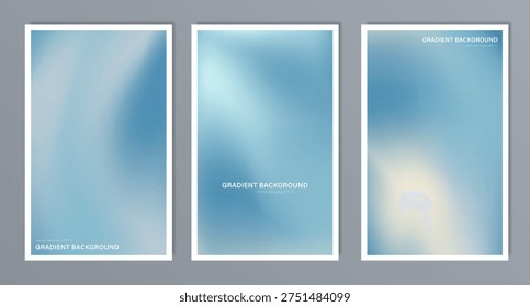 Set of soft light blue and grey abstract vertical gradient background. Pastel wavy fluid A4 wallpaper texture for calm corporate presentation, airy web design, wedding invitation minimalist backdrop