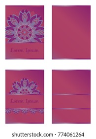 Set of soft lilac greeting card or wedding invitation with mandala pattern. Vintage ethnic template for traditional, Islamic, Indian, Mediterranean art decoration.  Circular pattern in vector.