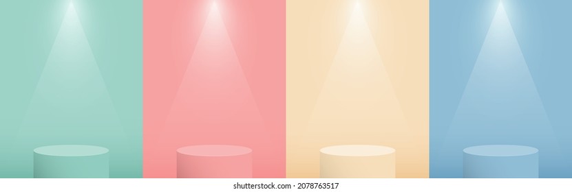 Set of soft pastel, green, pink, cream, blue, color scene background. 3d stage podium with spotlights. Pedestal for product display, advertising, show, winner. Minimal style. Vector illustration.