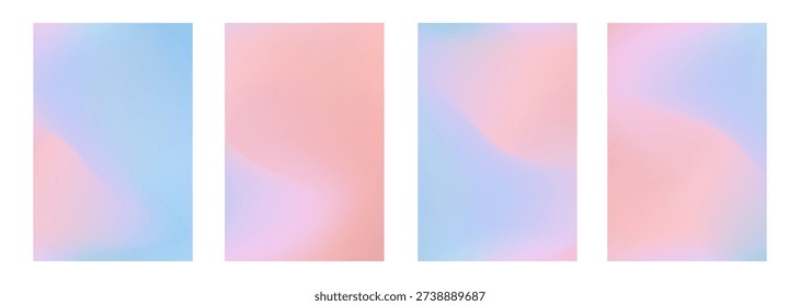 Set of soft pastel vector wavy purple blue and coral pink mesh gradient backgrounds. Abstract vibrant candy fuchsia and violet digital watercolor gradation for liquid concept, fluid design, banner