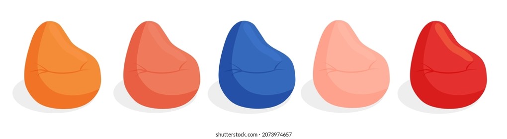 Set of soft pillows, pouf for sitting isolated on a white background. Comfortable fluffy seat, beanbag, upholstered furniture, flexible seat. Vector illustration in flat style. Collection.