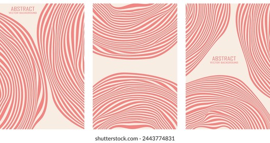 Set of soft pink backgrounds with wavy lines. Twisted duet background. Abstract pattern of lines, halftone effect. Minimalistic design template for poster, banner, cover, card.