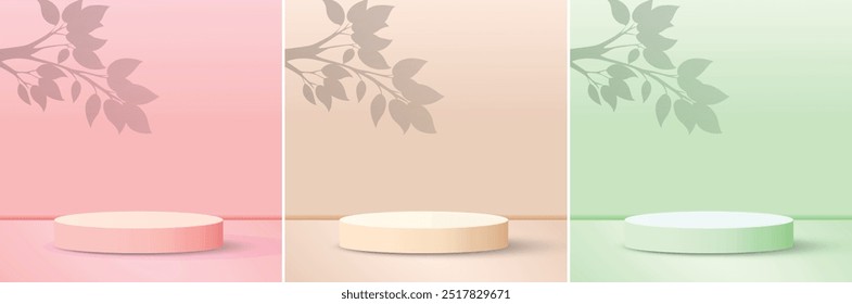 Conjunto de fondo de Producto verde claro de oro rosa suave con pared directa. Plataforma geométrica de Vector Flower Shadow de pared mínima. Maqueta de visualización del producto.