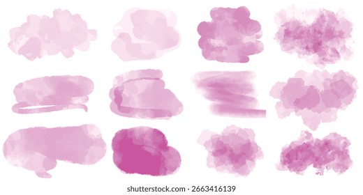Conjunto de manchas translúcidas de aquarela rosa suave. Pinceladas e manchas de cor rosa feminino. Coleção de formas abstratas pastel para fundo, gráfico vetorial