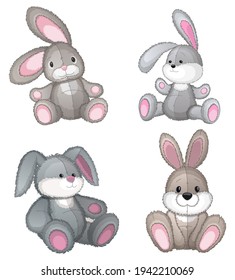 Set soft plush bunny toys white background  Vector illustration 