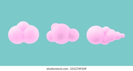 Set of soft round cartoon pink clouds.Isolated 3d clouds on a blue background.Cute fluffy shapes for games,animation and design.