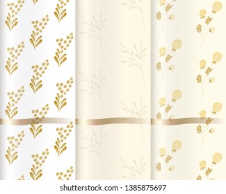 Set of soft seamless floral patterns, herbs and berries, monochrom, vector.