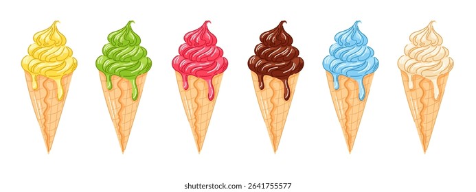 Set of soft serve ice cream cone in vibrant color including yellow, green, pink, brown, blue and white in cartoon style. Perfect for summer dessert design isolated on white background.