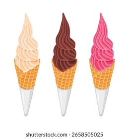 Conjunto de helado de servir suave en un cono de estilo de oblea aislado sobre fondo blanco.