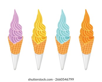 Set of Soft serve ice cream in a wafer style cone isolated on white background.