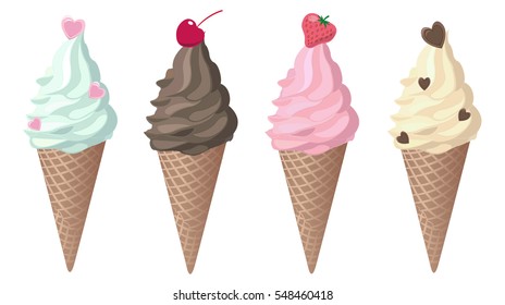 Set of soft serve ice cream in a waffle cone with hearts. Mint pistachio chocolate strawberry pink caramel cherry Vector illustration Valentine love