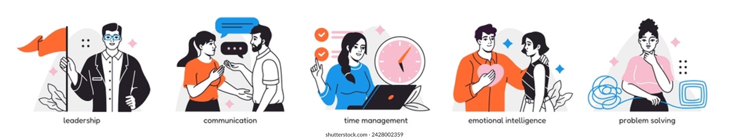 Set of Soft skills for business. Personal abilities of office worker for successful career. Communication, leadership and time management. Cartoon flat vector illustration isolated on white background