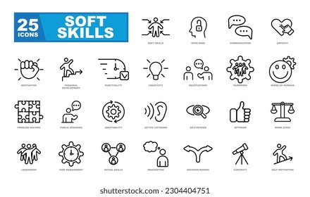 A set of soft skills icons, representing various essential qualities and attributes for personal and professional success.