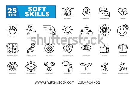 A set of soft skills icons, representing various essential qualities and attributes for personal and professional success.