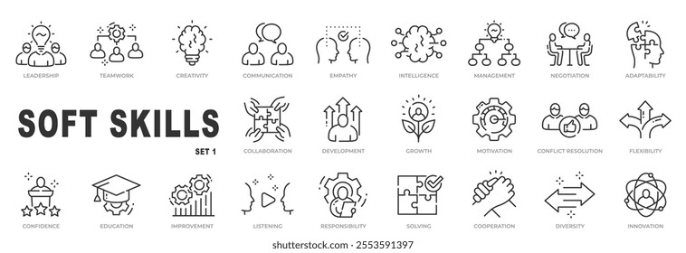 Set of soft skills related line icons. Teamwork, empathy, growth, creativity etc. Editable stroke.