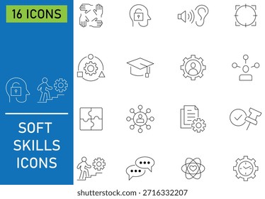 Conjunto de iconos de línea de Web de habilidades suaves. Contiene trabajo en equipo, empatía, liderazgo, automotivación, inteligencia emocional y más. Símbolos de desarrollo de Profesional en estilo de línea limpia. Ilustración vectorial.