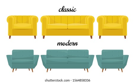 Set of soft sofa and chair in classic and modern style. Vector illustration in flat style, isolated on white background