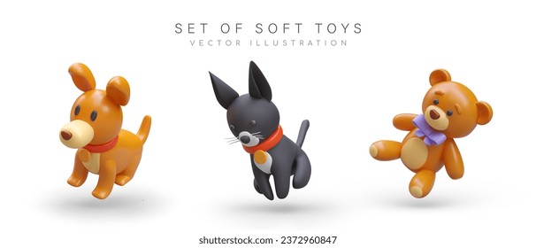 Set of soft toys. 3d realistic dog, cute kitten and teddy bear on gray background. Placard with different toys for store. Vector illustration with place for text