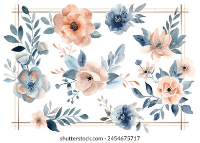 set of soft watercolor flowers, pastel peach and blue tones on white background with thin gold metallic line.