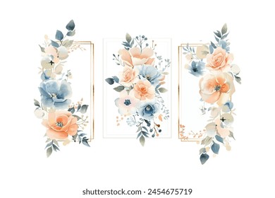 conjunto de flores de acuarela suave, melocotón pastel y tonos azules sobre fondo blanco con línea metálica de oro fino.