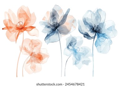 set of soft watercolor flowers, pastel peach and blue tones on white background.