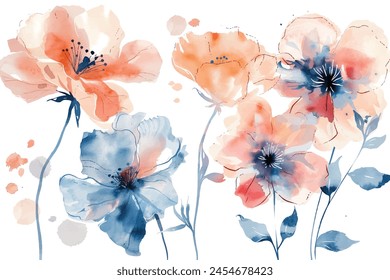 set of soft watercolor flowers, pastel peach and blue tones on white background.