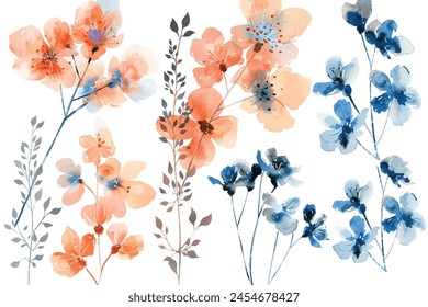 set of soft watercolor flowers, pastel peach and blue tones on white background.