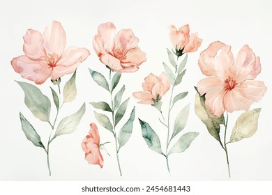 Set of soft watercolor sakura flowers, pastel pink and green tones on white background.