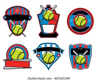A set of softball and bat emblems, badges, and patches. Vector EPS 10 available.