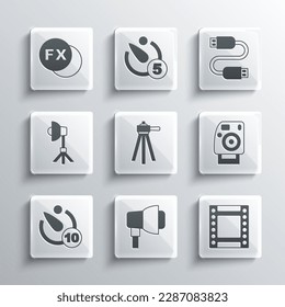 Set Softbox light, Camera roll cartridge, Photo camera, Tripod, timer, fx and USB cable cord icon. Vector