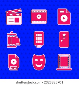 Set Softbox light, Comedy theatrical mask, Makeup mirror with lights, Backstage, MP4 file document, Camera roll cartridge, AVI and Movie clapper icon. Vector