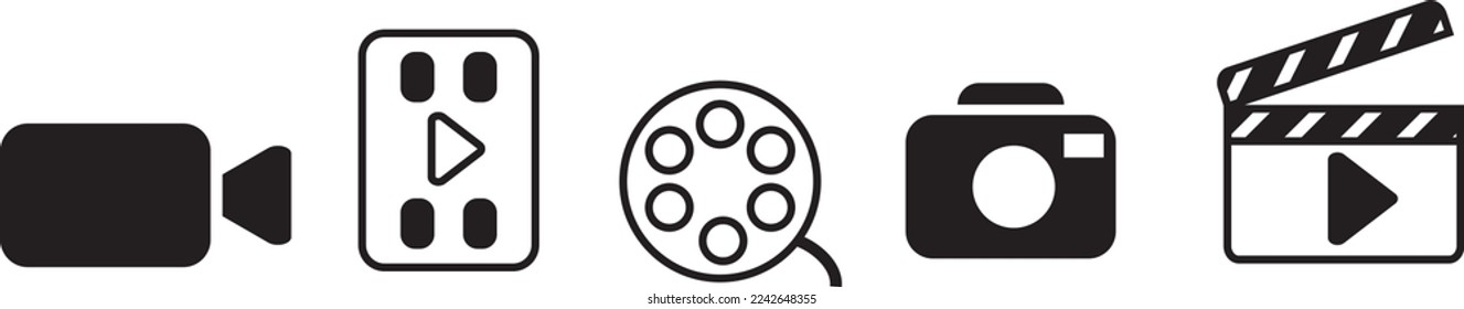 Set Softbox light, Megaphone, Photo and video shooting and Online play icon. Silver square button. Vector