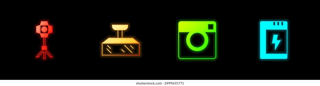 Set Softbox light, , Photo camera and Battery for icon. Vector