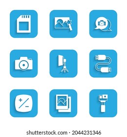 Set Softbox light, Photo frame, Action camera, USB cable cord, Exposure compensation,  and SD card icon. Vector