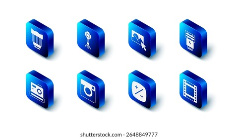 Set Softbox light, Photo retouching, camera flash, Camera roll cartridge, Exposure compensation,  and photo lens icon. Vector
