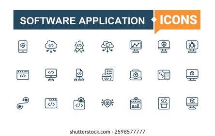 Set of Software Application line icons. It contains symbols to technology, code, programming, web, coding, computer, app and more. Software line icons set. Modern vector illustration.