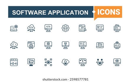 Set of Software Application line icons. It contains symbols to technology, code, programming, web, coding, computer, app and more. Software line icons set. Modern vector illustration.