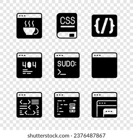 Set Software, Books about programming, Programming language syntax, Page with 404 error and Code terminal icon. Vector