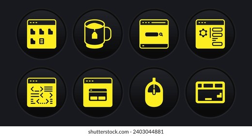 Set Software, Browser setting, Search engine, Computer mouse, Cup tea with tea bag, Keyboard and files icon. Vector