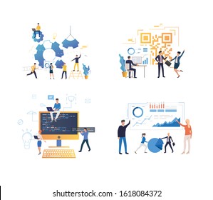 Set of software developers creating application. Flat vector illustrations of people writing program. Analyzing information, programming, coding concept for banner, website design or landing web page
