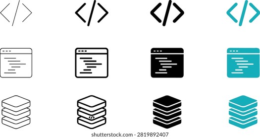 Set of software development, programming, and web design icons featuring HTML code tags, a code window browser, and stacked database or server layers in various styles and color variations, isolated on white background.Set of software development, programming, and web design icons featuring HTML code tags, a code window browser, and stacked database or server layers in various styles and color variations, isolated on white background.