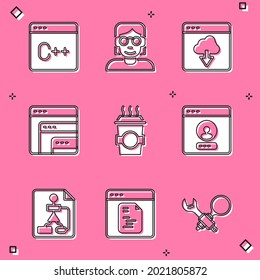 Set Software, Hacker or coder, Cloud technology data transfer, Coffee cup to go, Create account screen, Flowchart and  icon. Vector