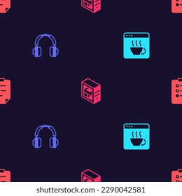 Set Software, Headphones, Computer and Clipboard with checklist on seamless pattern. Vector