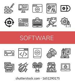 Set of software icons. Such as Brickwall, Anti bug, Web design, Layout, Web coding, Programming, Development, Spyware, Cds, Browser, Coding, Bug, Developer, Api , software icons