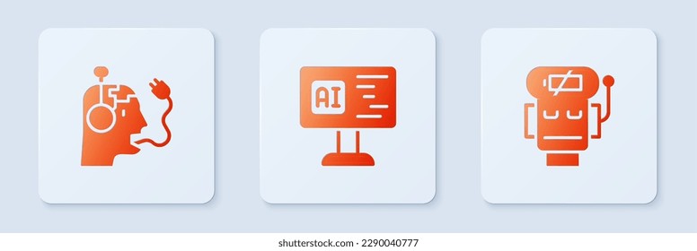 Set Software, Robot charging battery and low charge. White square button. Vector