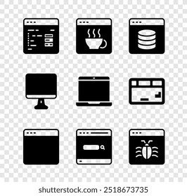 Set Software, Server, Data, Web Hosting, Browser window, Search engine, System bug, Computer monitor screen and Laptop icon. Vector