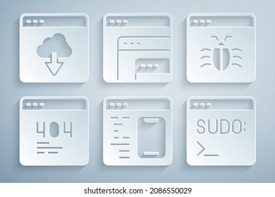 Set Software, System bug, Page with 404 error, Code terminal,  and Cloud technology data transfer icon. Vector