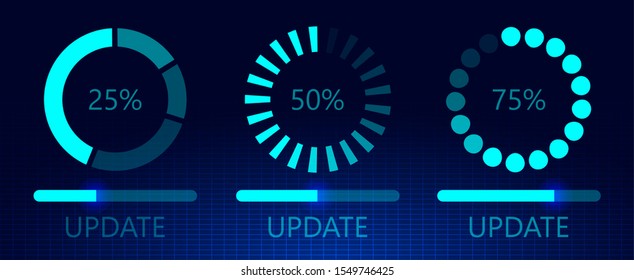 Set of software update on cyberspace. Loading process concept. Upgrade application progress icons. Flat vector on dark blue background for web, landing page, apps.