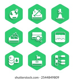 Set Soil analysis, Flag, ground layers, Barrel, Ore mining, Tacheometer, theodolite and Location on globe icon. Vector