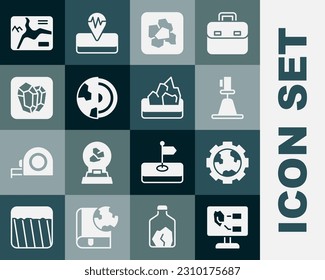Set Soil analysis, Gear wheels and earth, Tacheometer, theodolite, Gold nugget, Earth core structure crust, Gem stone, Topographic map and Ore mining icon. Vector